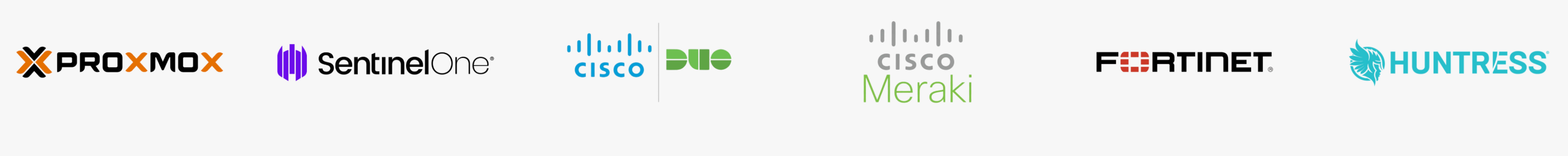 Proxmox, SentinelOne, Cisco Duo, Cisco Meraki, Fortinet, Huntress